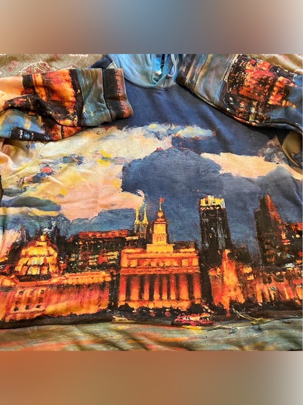 Yitai Cityscape hoodie in Blue, Orange & Cream